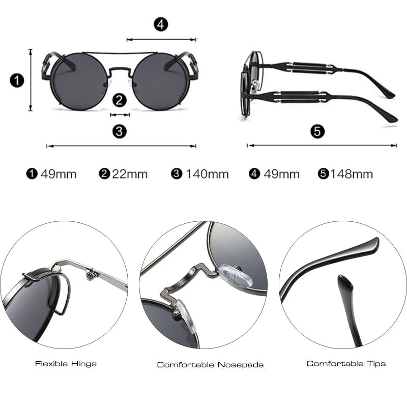 Round Retro Metal Steampunk Sunglasses UV400