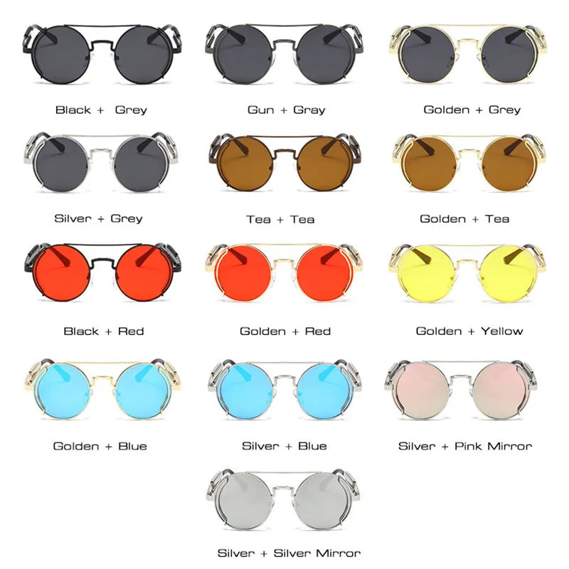 Round Retro Metal Steampunk Sunglasses UV400