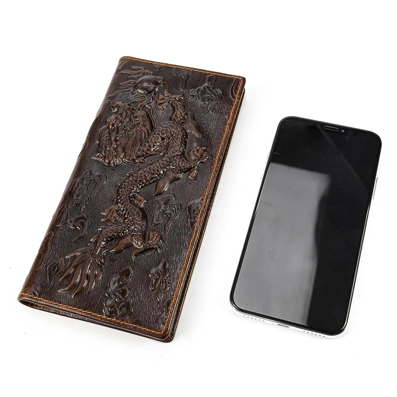 Men's vintage dragon genuine leather brown Cowhide Long Bi-fold snap wallet with phone pocket