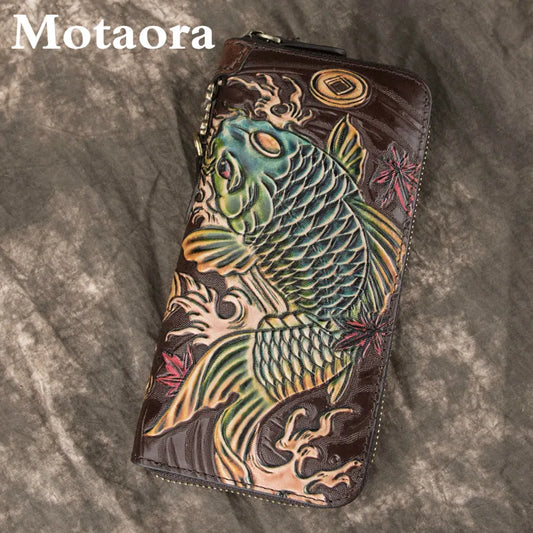 Luxury Vintage New Retro Handmade Embossed Genuine Leather Long Wallet