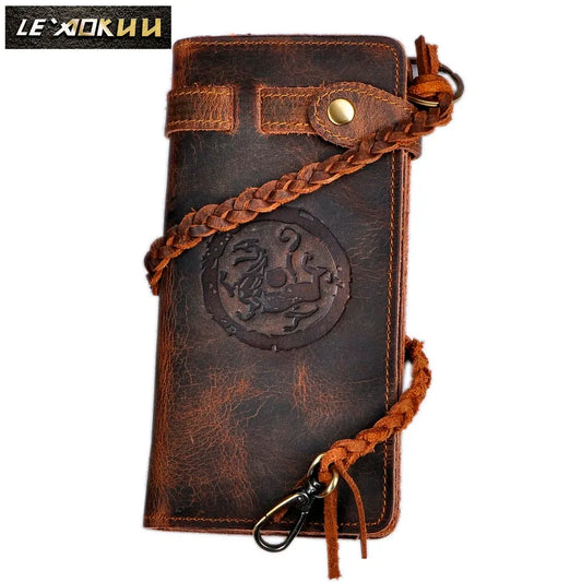 Retro crazy horse leather handmade male long designer Casual Chain wallet