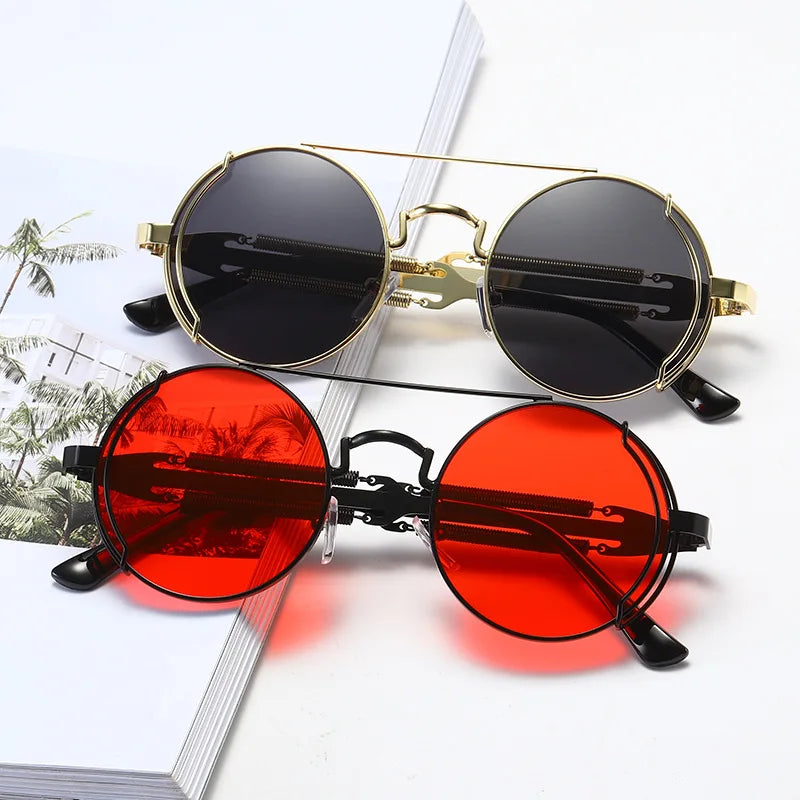 Round Retro Metal Steampunk Sunglasses UV400