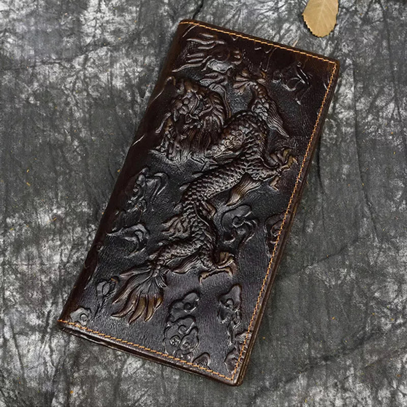 Men's vintage dragon genuine leather brown Cowhide Long Bi-fold snap wallet with phone pocket