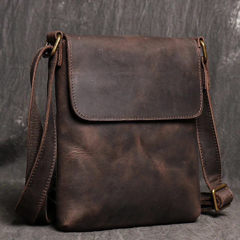 Vintage Genuine Leather Casual Dark Brown Shoulder Bag for Men