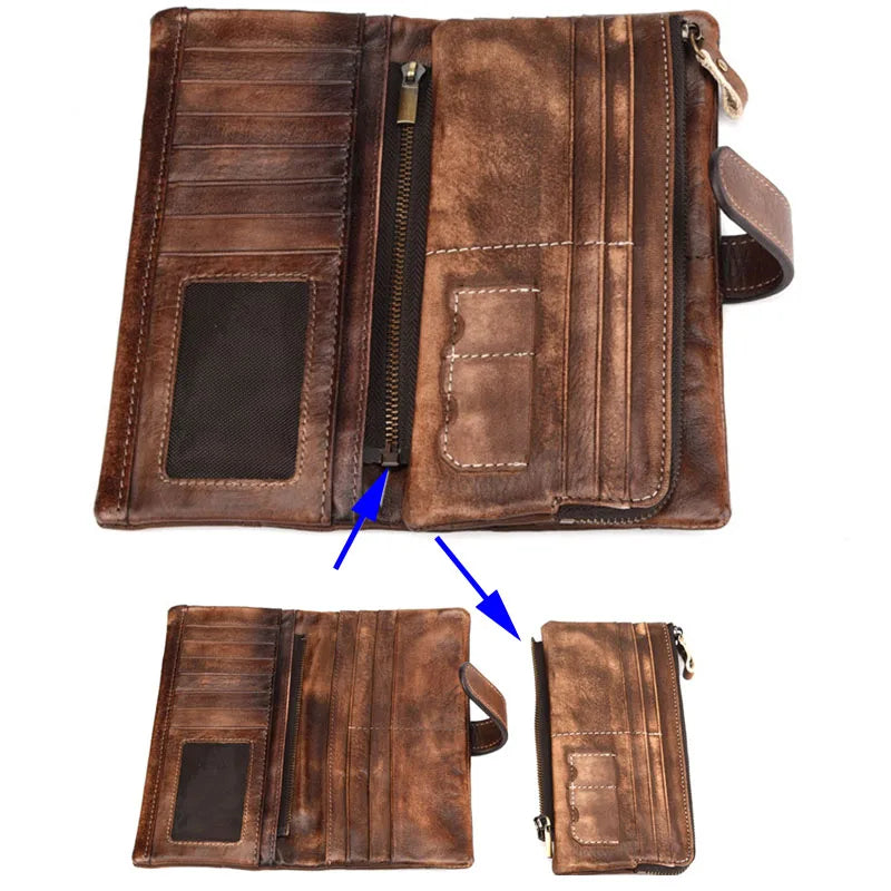 Men's Vintage Genuine Leather Long Wallet RFID Blocking Credit Card