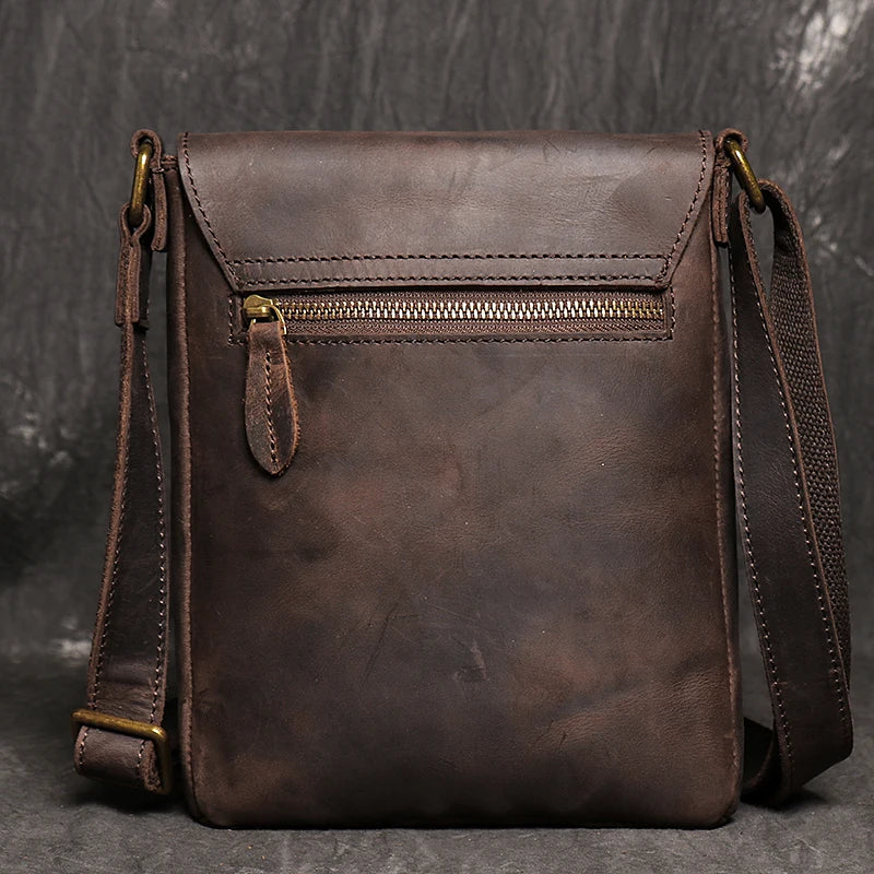 Vintage Genuine Leather Casual Dark Brown Shoulder Bag for Men