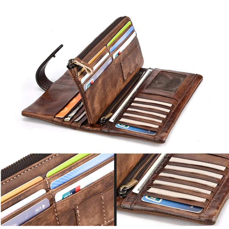 Men's Vintage Genuine Leather Long Wallet RFID Blocking Credit Card