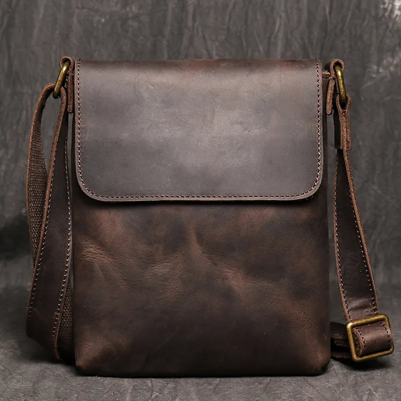 Vintage Genuine Leather Casual Dark Brown Shoulder Bag for Men